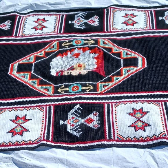 Handmade Crochet Afghan Southwestern Pattern Native American Indian Head - Picture 3 of 8